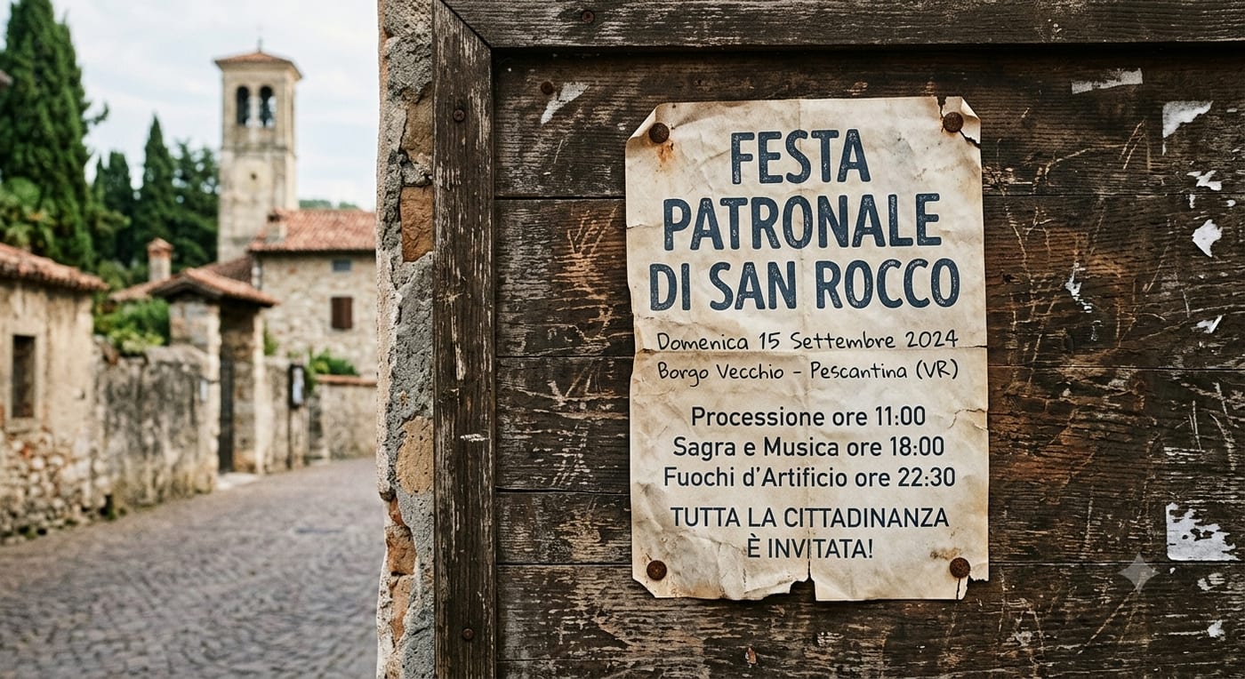 Un volantino di una festa patronale affisso in bacheca, in un borgo italiano
