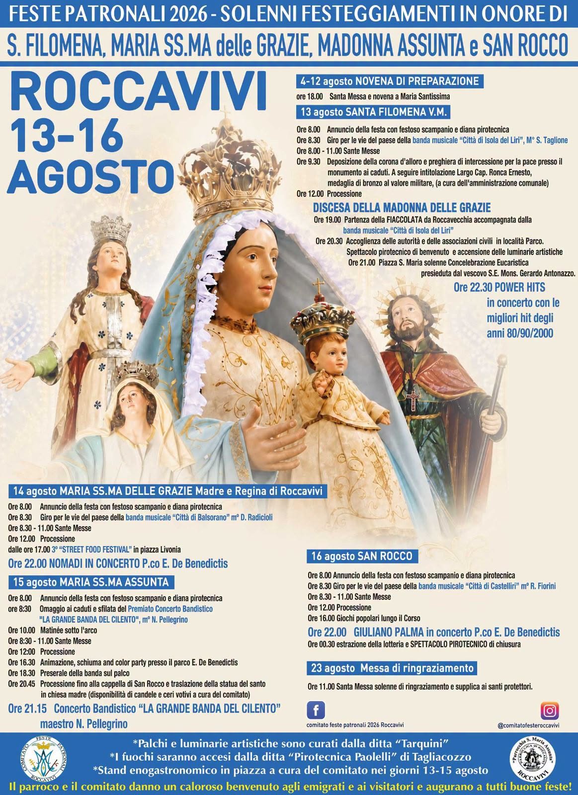 Feste Patronali in onore di S. Filomena, Maria SS.ma delle Grazie, Madonna Assunta e San Rocco